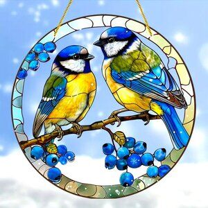 Suncatcher Blue Bird Berries Hanging Window Decor Art Colorful In/Outdoor NEW